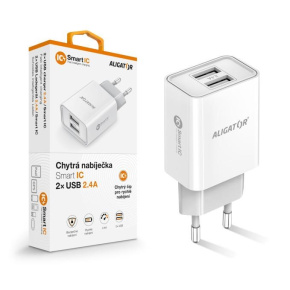 Aligator síťová nabíječka, 2x USB, smart IC, 2,4 A, bílá