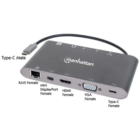 MANHATTAN Dokovací stanice USB-C na HDMI, Mini DP, VGA, 3xUSB 3.0, USB-C PD port, RJ 45, Card Reader, 3,5 mm